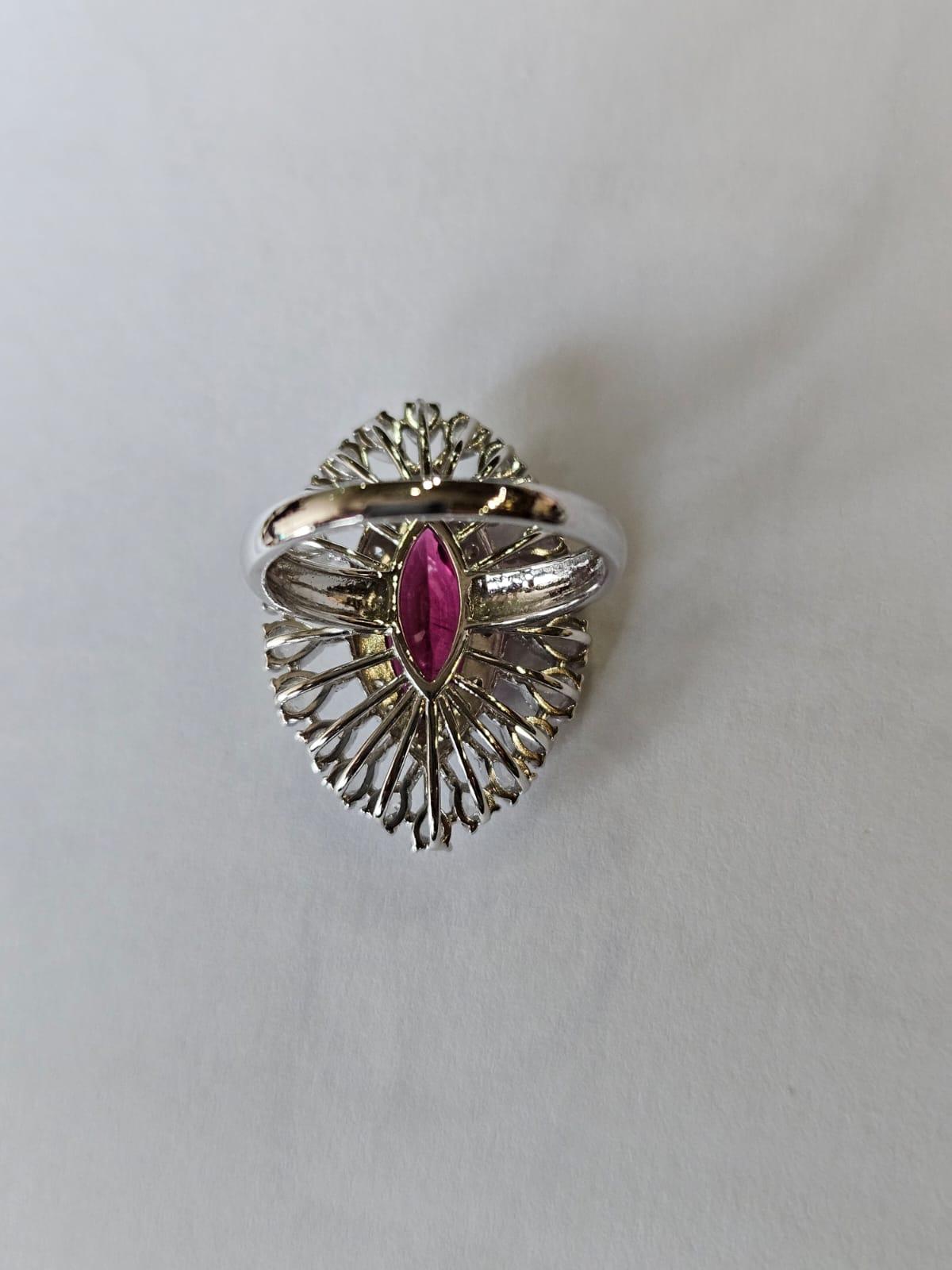 Modern Set in 18K Gold, 2.17 carats Rubellite & Rose Cut Diamonds Engagement Ring For Sale
