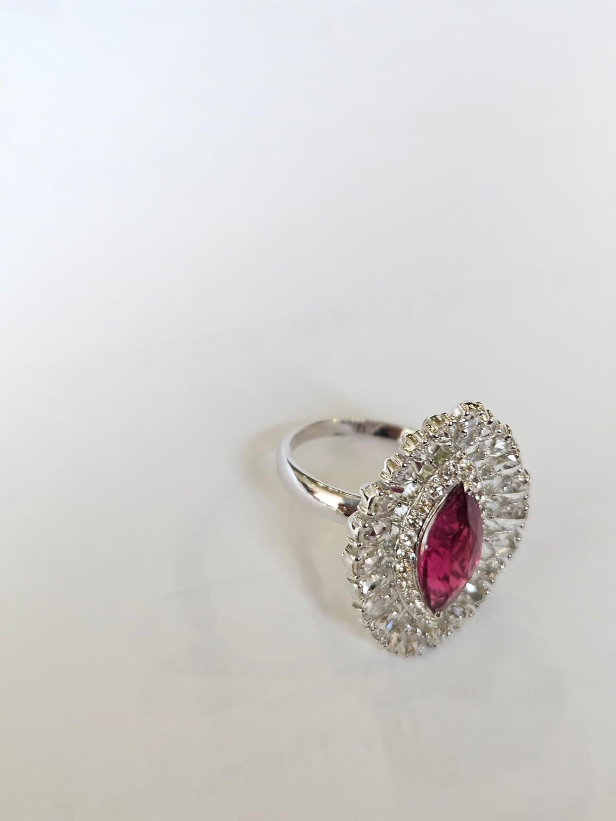 Marquise Cut Set in 18K Gold, 2.17 carats Rubellite & Rose Cut Diamonds Engagement Ring For Sale
