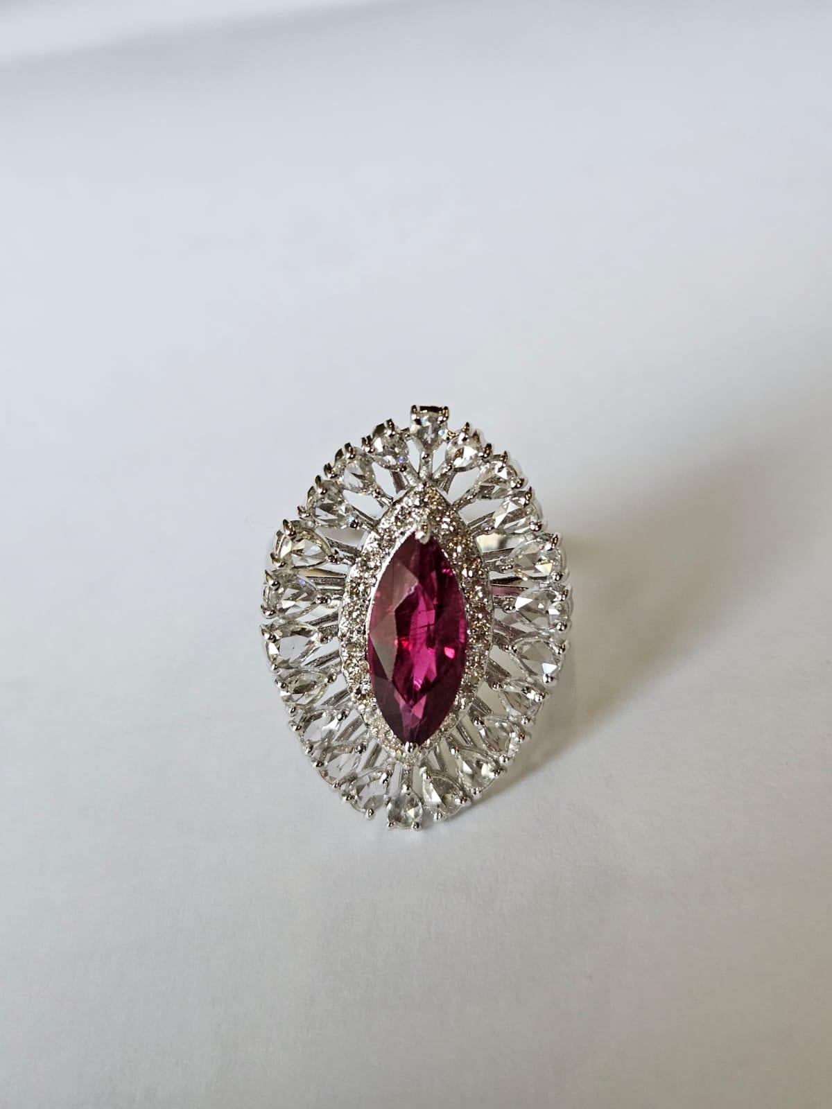 Set in 18K Gold, 2.17 carats Rubellite & Rose Cut Diamonds Engagement Ring In New Condition For Sale In Hong Kong, HK