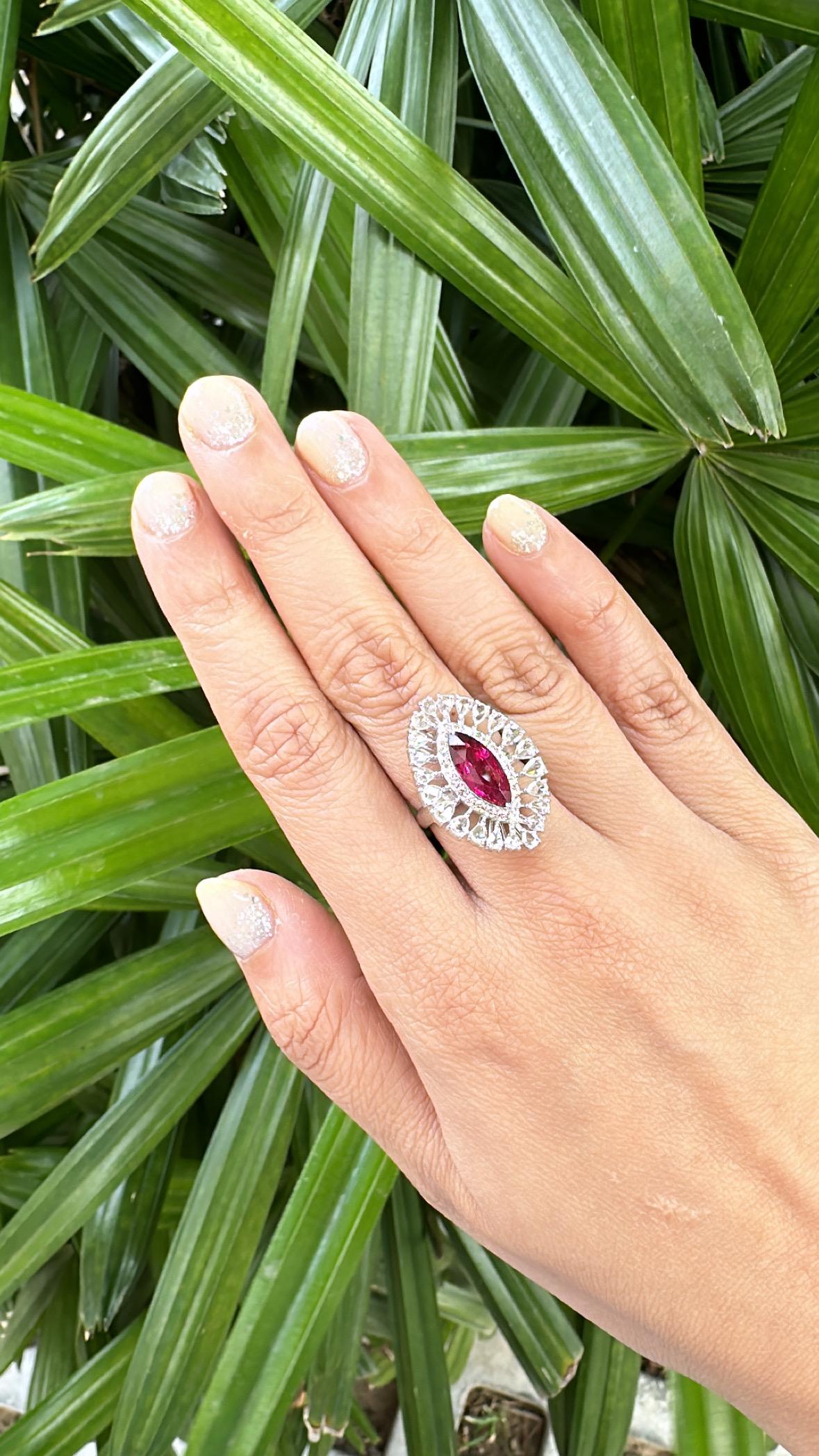 Set in 18K Gold, 2.17 carats Rubellite & Rose Cut Diamonds Engagement Ring For Sale 2
