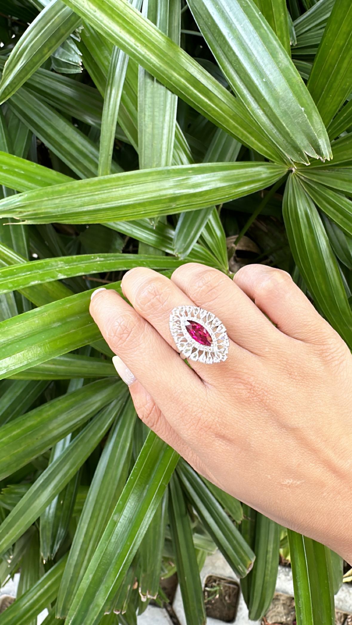Set in 18K Gold, 2.17 carats Rubellite & Rose Cut Diamonds Engagement Ring For Sale 3