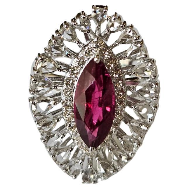 Set in 18K Gold, 2.17 carats Rubellite & Rose Cut Diamonds Engagement Ring