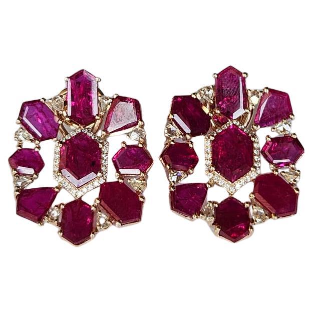 Set in 18K Gold, 21.78 carats, natural Mozambique Ruby & Diamonds Stud Earrings