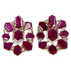 Set in 18K Gold, 21.78 carats, natural Mozambique Ruby & Diamonds Stud Earrings