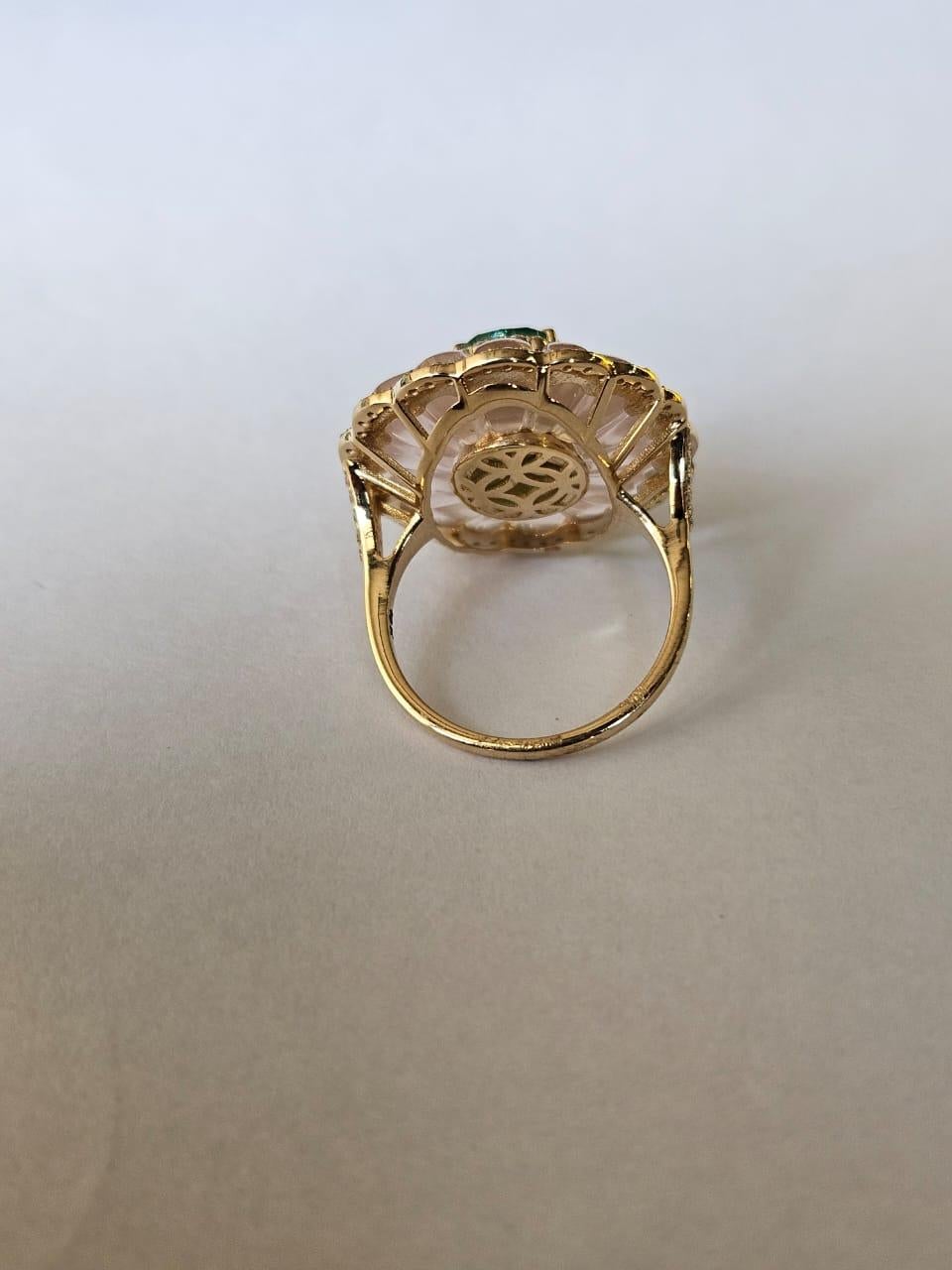 Art Deco Set in 18K Gold, 2.28 carats, Emerald, Rose Quartz & Diamonds Cocktail Ring For Sale