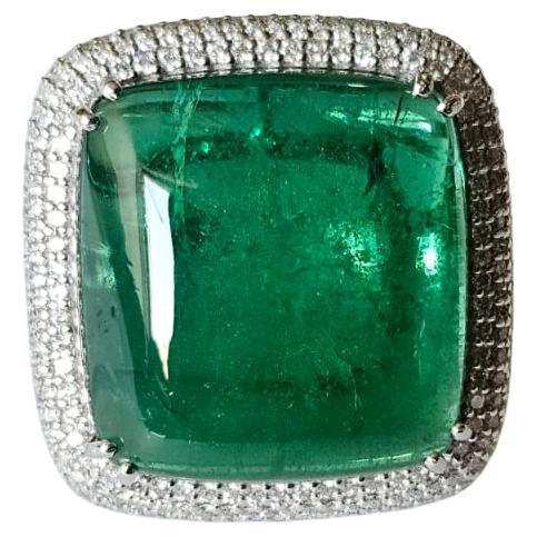 Anello di fidanzamento in oro 18 carati, smeraldo dello Zambia cabochon e diamanti da 23,55 carati