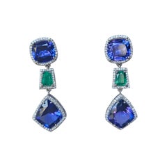 Set in 18K Gold, 23.71 cts Tanzanites, Zambian Emerald 
Diamonds Dangle Earring