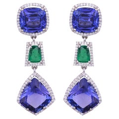 Boucles d'oreilles pendantes en or 18 carats, 23,71 cts Tanzanites, émeraude de Zambie et diamants