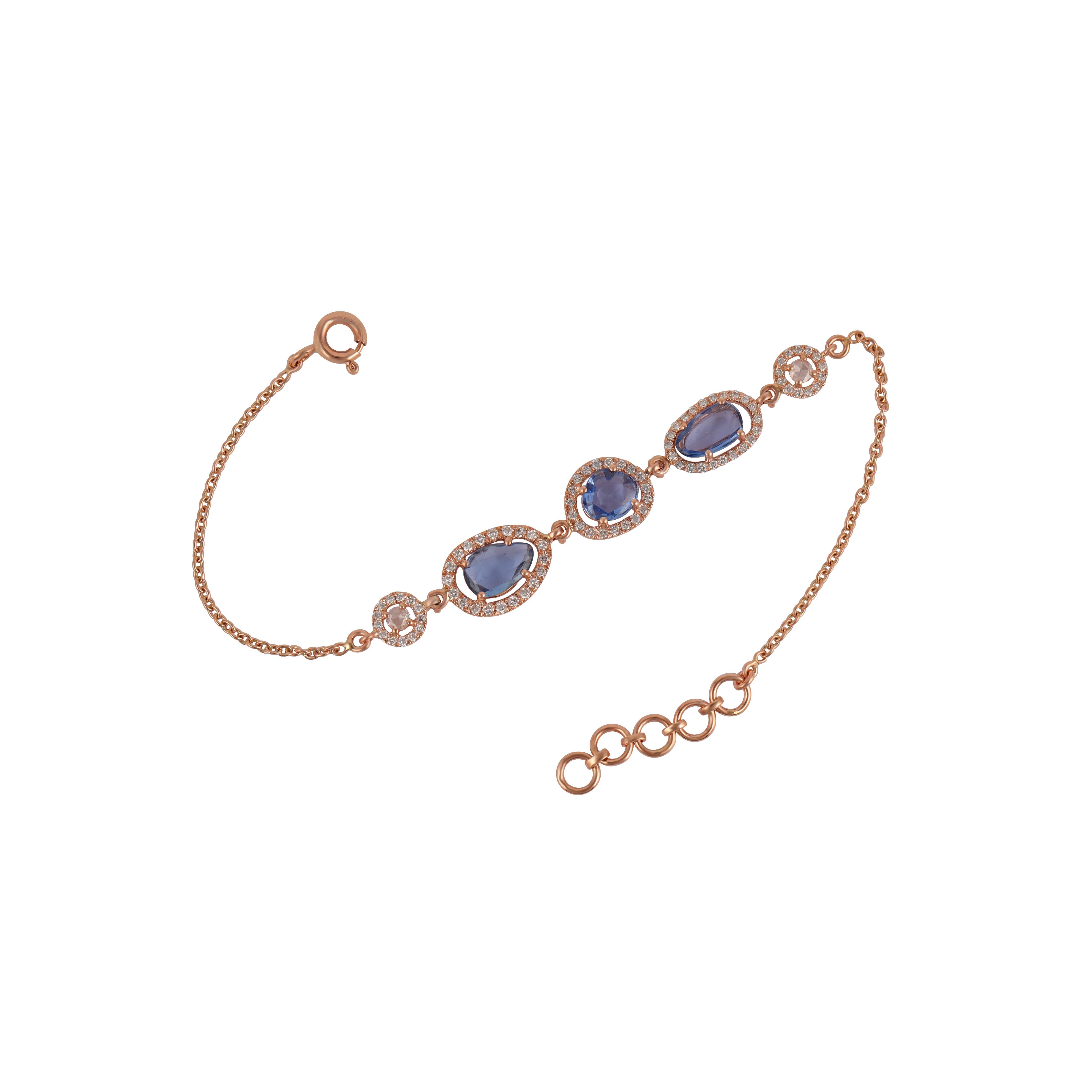 A very beautiful and dainty Sapphire Chain Bracelet let in 18K Gold & Diamonds. The weight of the Multi Sapphires is 2.41 carats. The weight of the Diamonds is 0.58 carats. Net Gold weight is 3.83 Gram. 
 Bracelet size - 7.5 inches and can be
