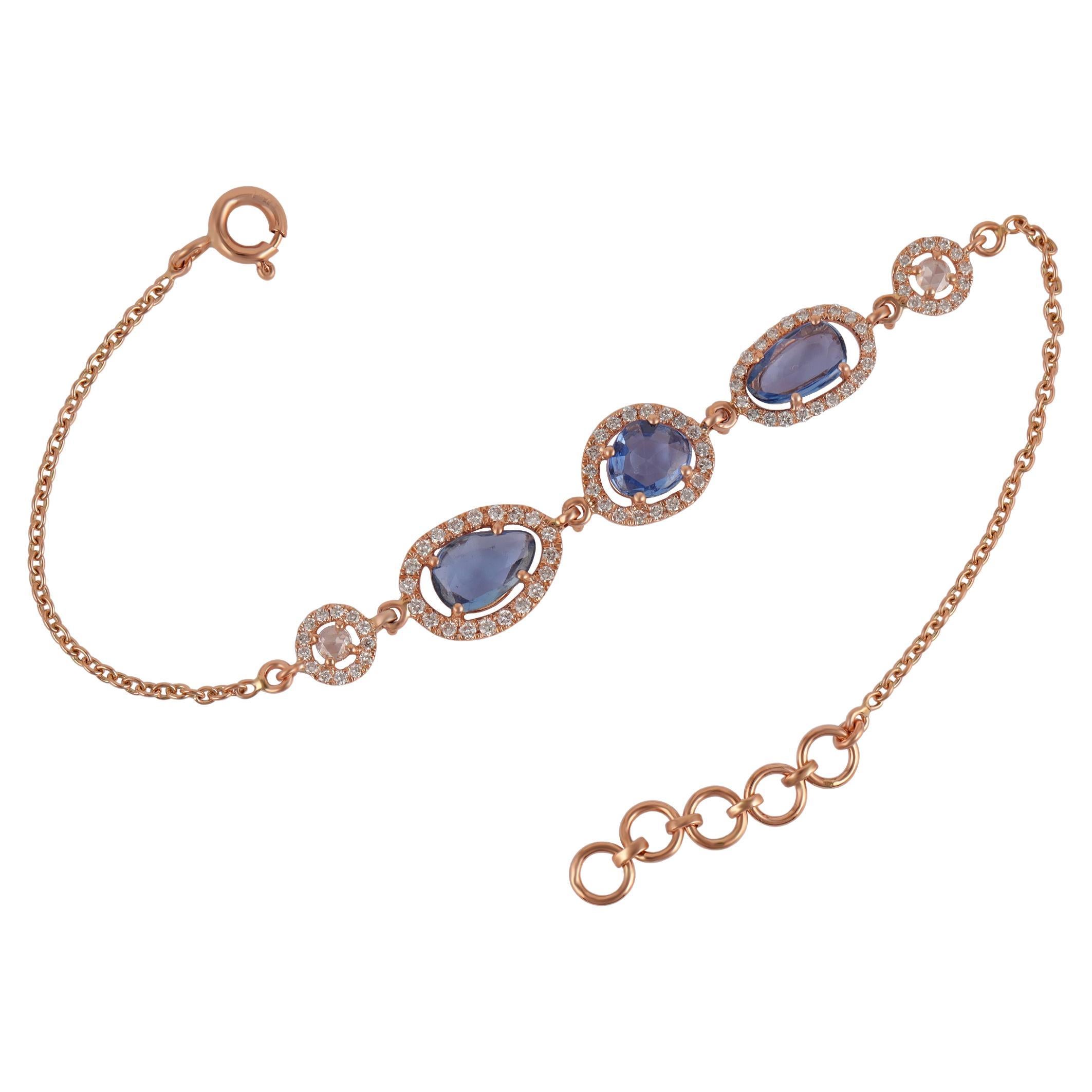 2.41 Carats Blue Sapphire Rose Cuts & Diamonds Chain Bracelet For Sale