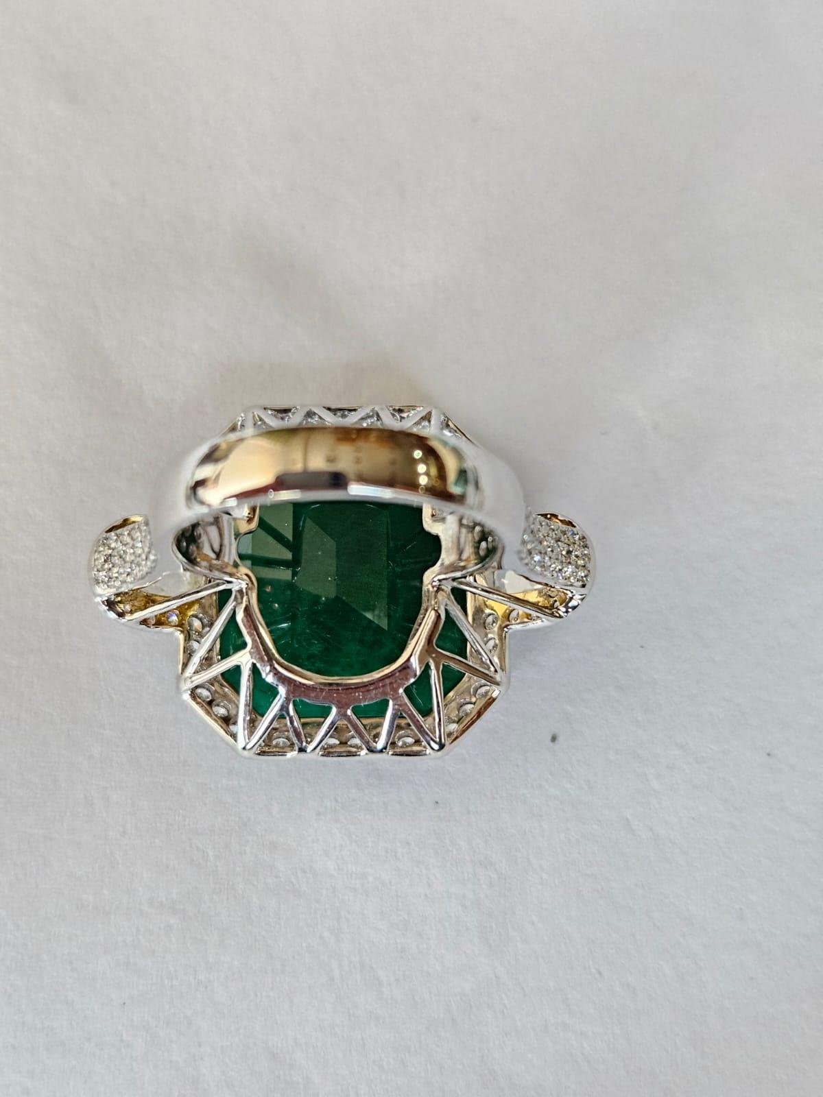 Modern Set in 18K Gold, 24.51 carats Zambian Emerald & Rose Cut Diamond Engagement Ring For Sale
