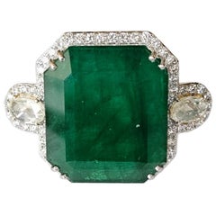 Set in 18K Gold, 24.51 carats Zambian Emerald 
Rose Cut Diamond Engagement Ring