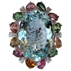 Bague cocktail en or 18 carats, aigue-marine, tourmaline et diamants 24,67 carats
