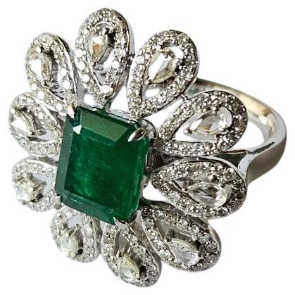 Anillo de oro de 18 quilates, 2,48 quilates, esmeralda natural de Zambia y diamantes talla rosa