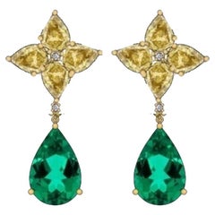 Boucles d'oreilles pendantes en or 18 carats, 2,51 carats, émeraude de Zambie et diamants jaunes