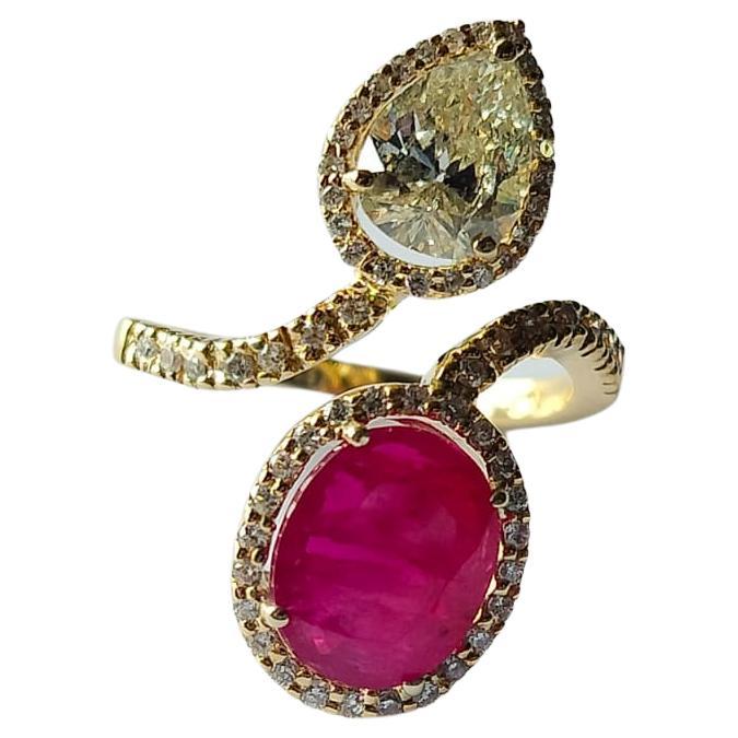 Set in 18K Gold, 2.76 carats, natural Mozambique Ruby & Diamonds Engagement Ring
