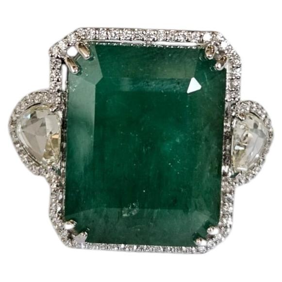 Set in 18K Gold, 27.67 carat, Zambian Emerald & Rose Cut Diamond Engagement Ring