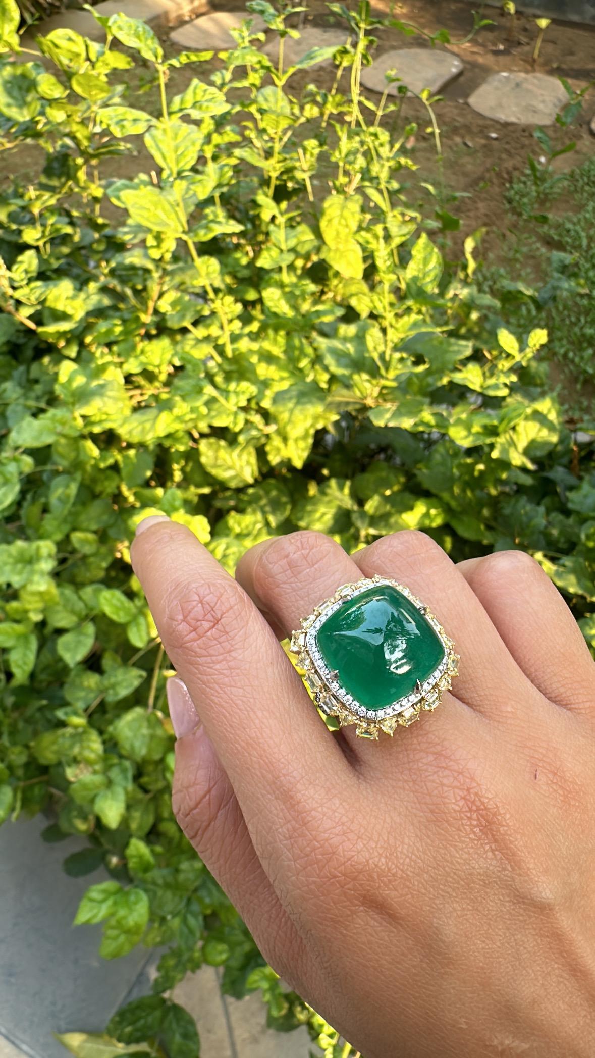 Set in 18K Gold, 27.74 carats, Zambian Emerald cabochon & Yellow Diamonds Ring 4