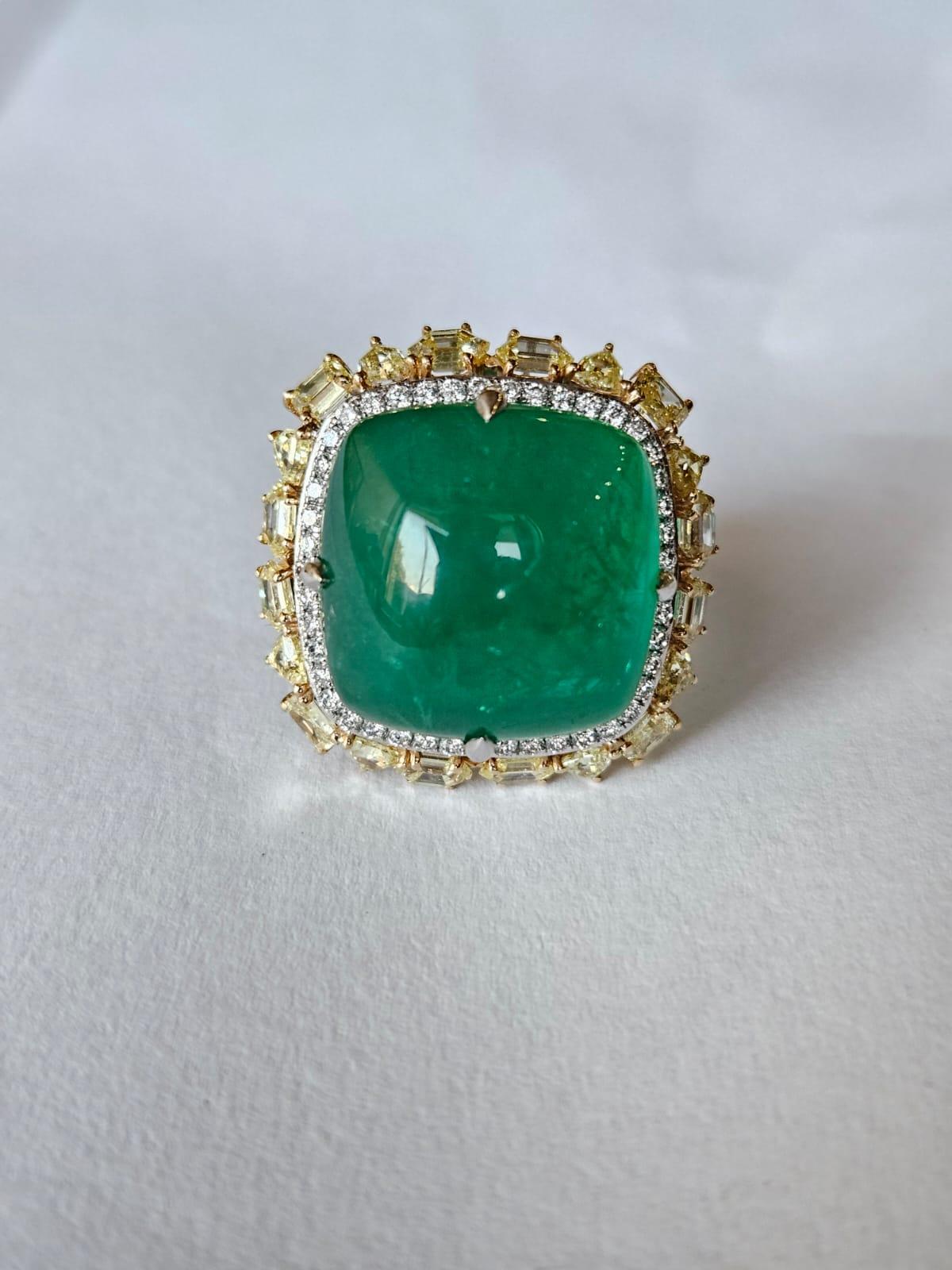 Set in 18K Gold, 27.74 carats, Zambian Emerald cabochon & Yellow Diamonds Ring In New Condition In Hong Kong, HK
