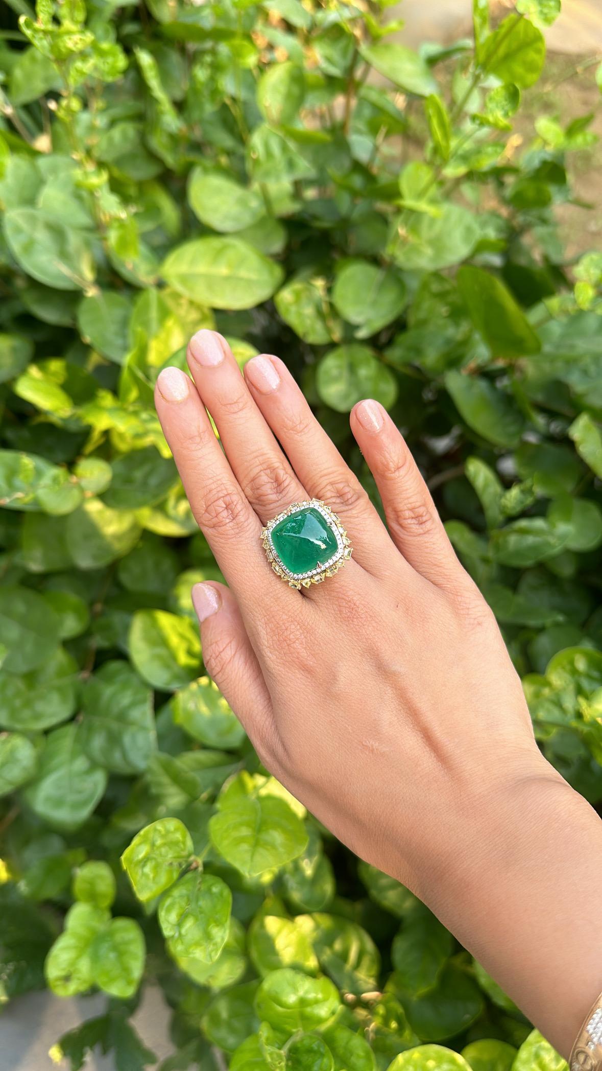 Set in 18K Gold, 27.74 carats, Zambian Emerald cabochon & Yellow Diamonds Ring 2