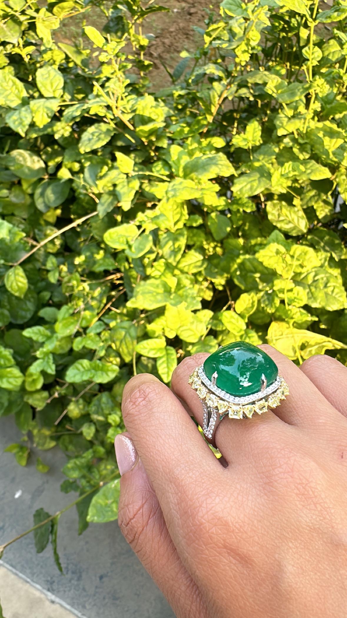 Set in 18K Gold, 27.74 carats, Zambian Emerald cabochon & Yellow Diamonds Ring 3