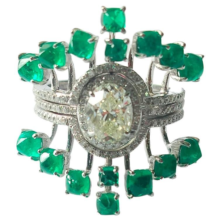 Set in 18K Gold, 3.03 carats Colombian Emeralds & Oval Diamond Engagement Ring