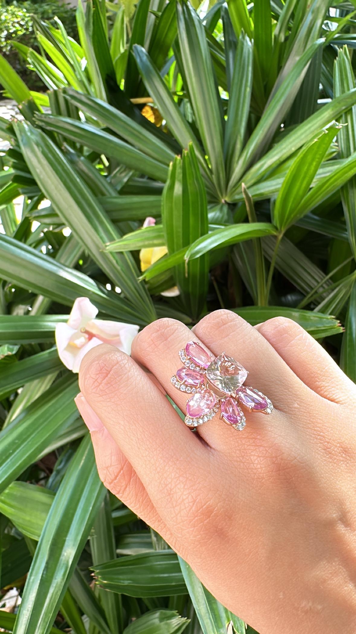 Anello da cocktail con Morganite, zaffiri rosa e diamanti, 3,25 carati, incastonati in oro 18 carati in vendita 4