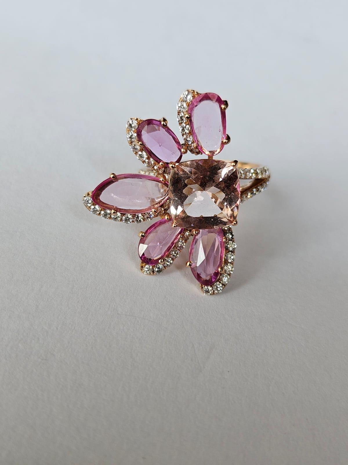 da uomo o donna Anello da cocktail con Morganite, zaffiri rosa e diamanti, 3,25 carati, incastonati in oro 18 carati in vendita