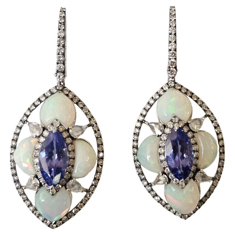 Orecchini pendenti in oro 18 carati, tanzanite da 3,35 carati, opale etiope e diamanti