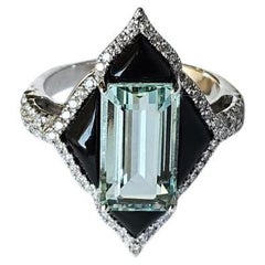 Set in 18K Gold, 3.45 carats Aquamarine, Black Onyx & Diamonds Engagement Ring