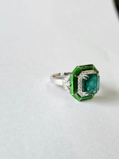 Set in 18K Gold, 3.47 carats Emerald, Green Enamel & Diamonds Engagement Ring