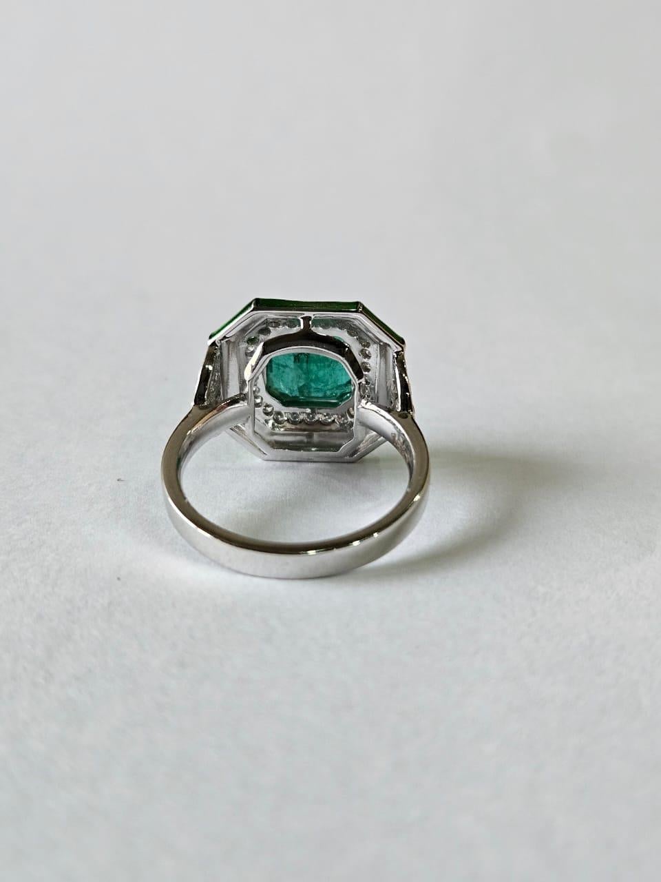 Cushion Cut Set in 18K Gold, 3.47 carats Emerald, Green Enamel & Diamonds Engagement Ring For Sale