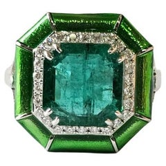Set in 18K Gold, 3.47 carats Emerald, Green Enamel & Diamonds Engagement Ring