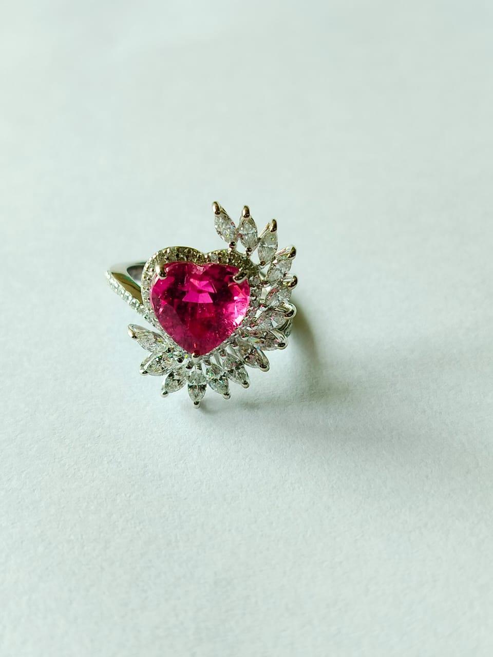 Art Deco Set in 18K Gold, 3.51 Carats, Rubellite & Diamonds Engagement /Cocktail Ring For Sale