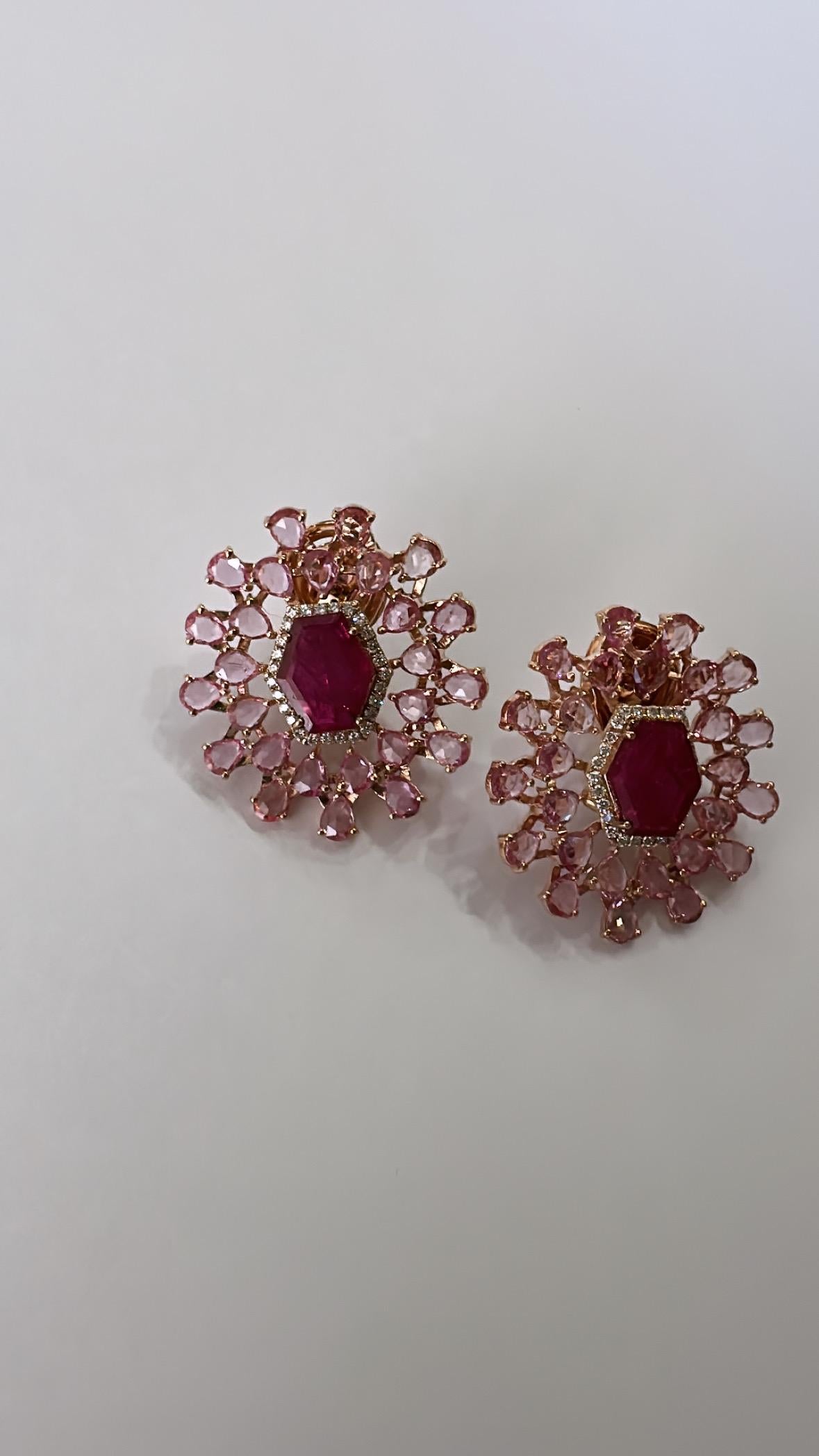 Set in 18K Gold, 3.53 carats Ruby, Pink Sapphires & Diamonds Stud Earrings For Sale 2
