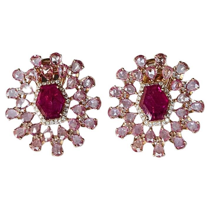 Set in 18K Gold, 3.53 carats Ruby, Pink Sapphires & Diamonds Stud Earrings