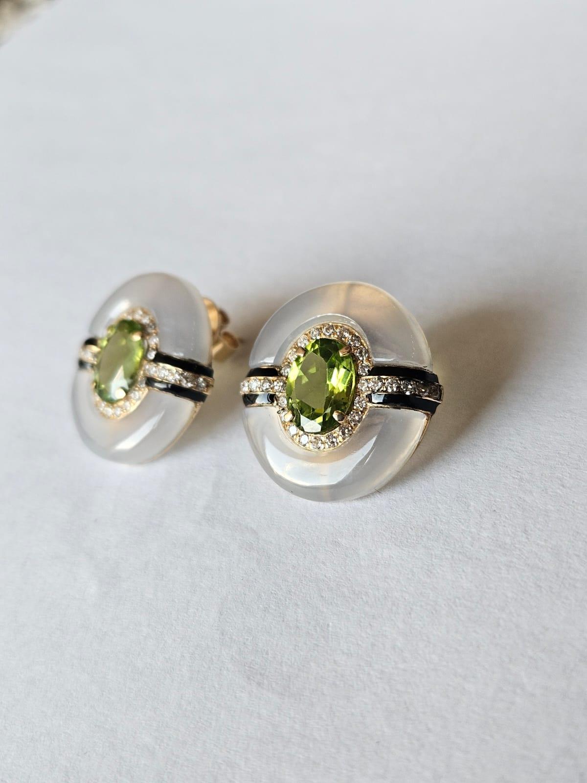 Oval Cut Set in 18K Gold, 3.55 carats, Peridot, Chalcedony & Diamonds Stud Earrings For Sale
