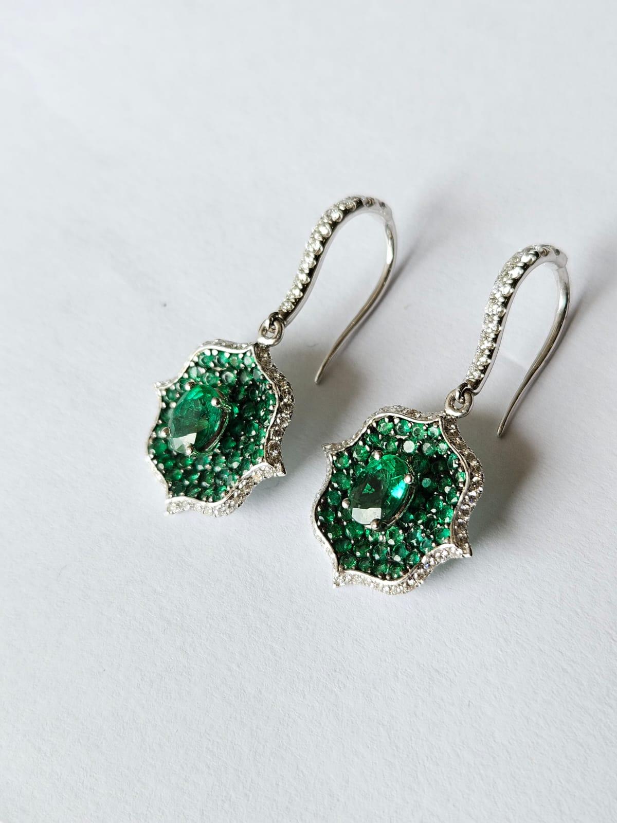 Set in 18K Gold, 3.57 carats, natural Zambian Emeralds & Diamonds Dangle Earring For Sale 3