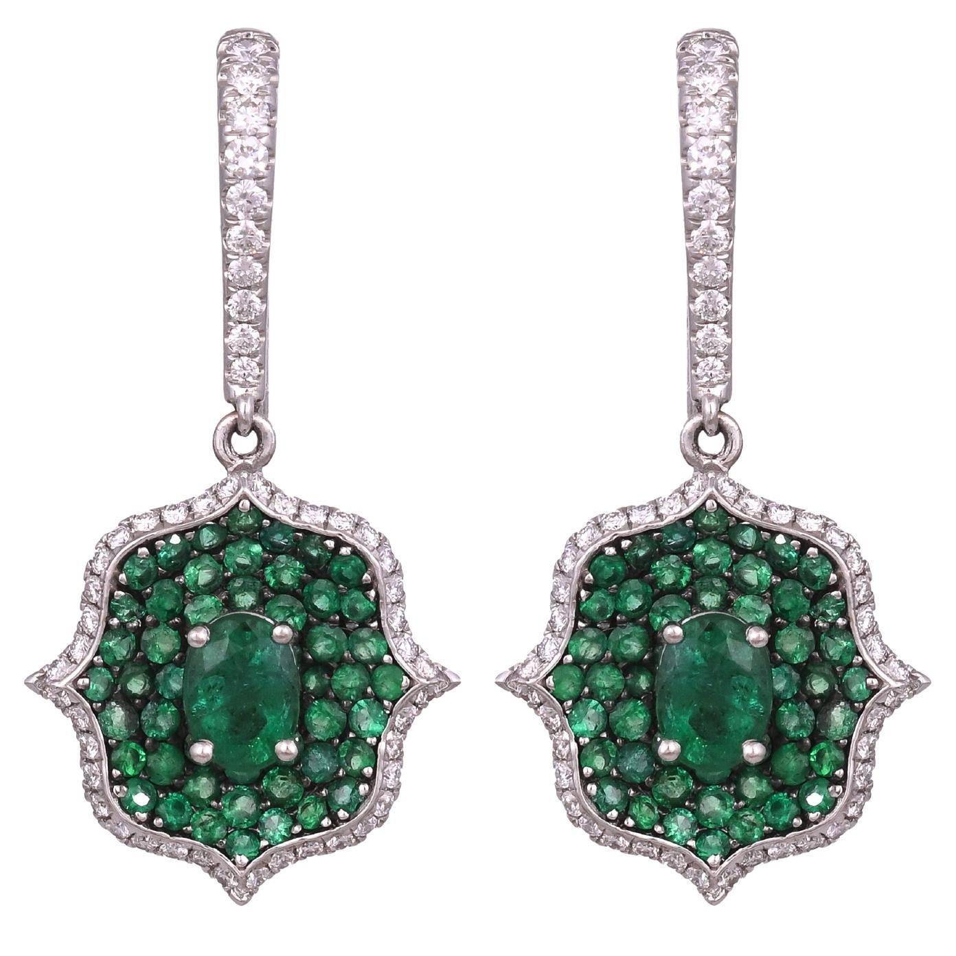 Set in 18K Gold, 3.57 carats, natural Zambian Emeralds & Diamonds Dangle Earring