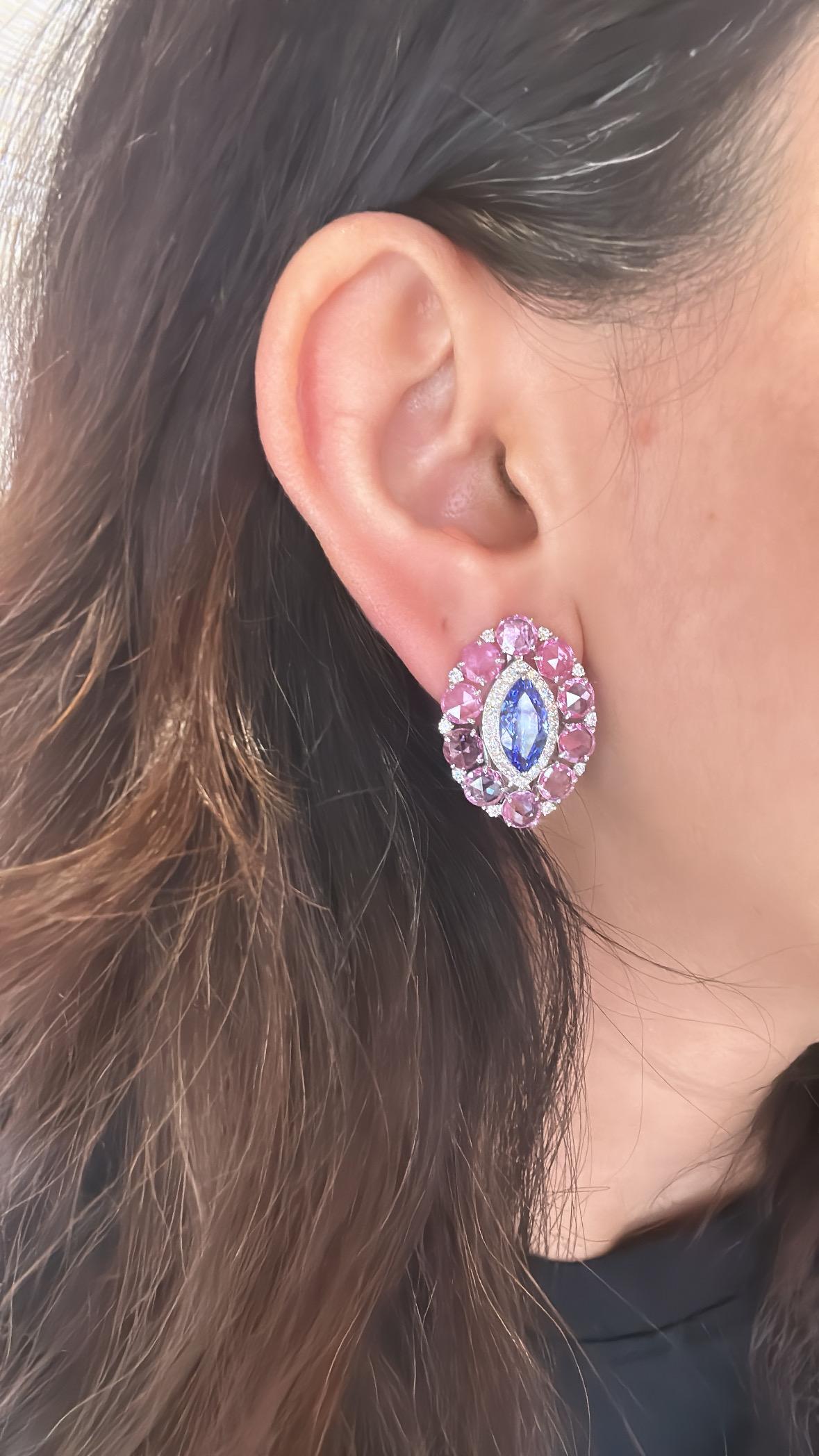 Set in 18K Gold, 3.66 carats Tanzanites, Pink Sapphires & Diamonds Stud Earrings For Sale 5