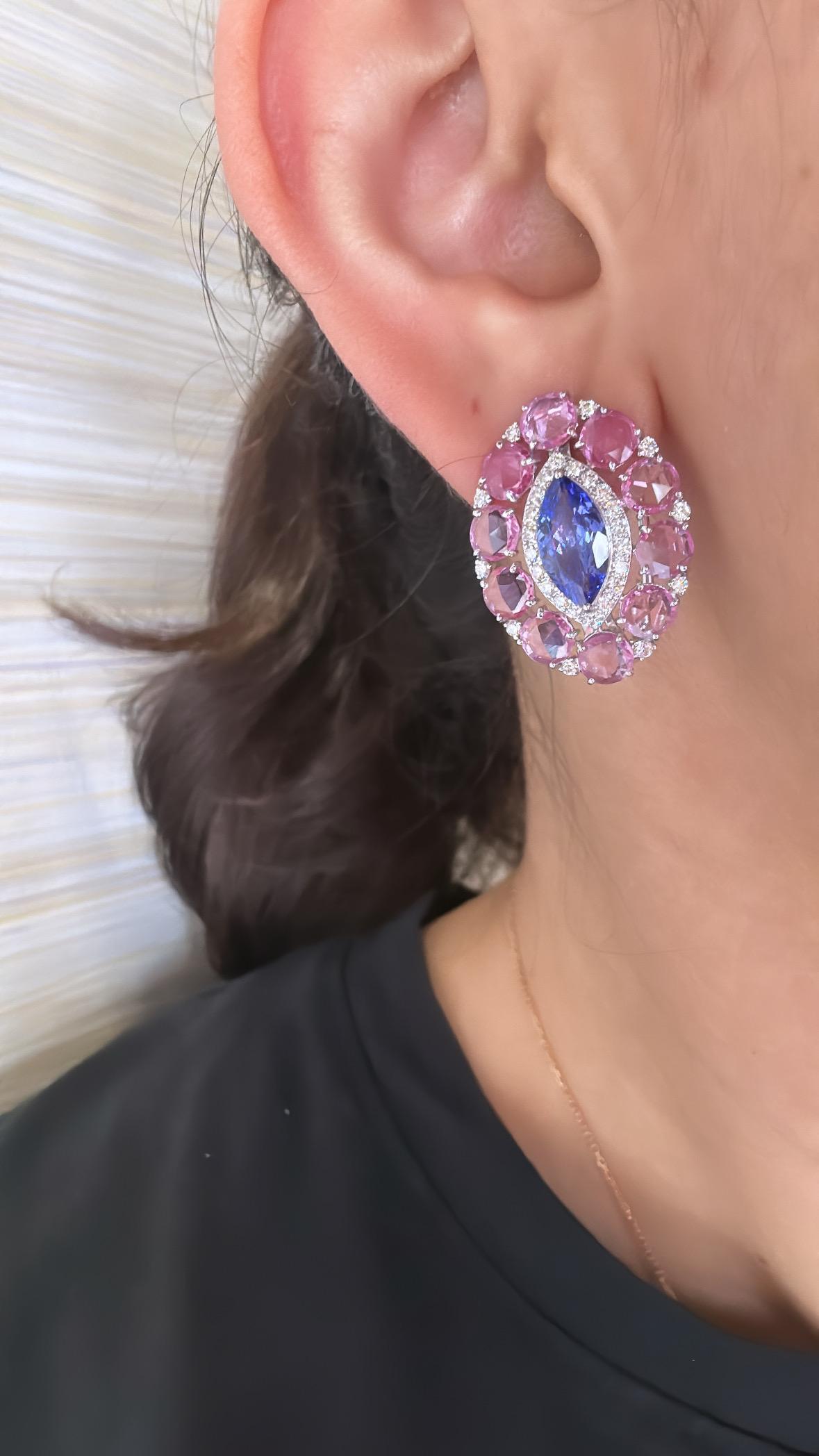 Set in 18K Gold, 3.66 carats Tanzanites, Pink Sapphires & Diamonds Stud Earrings For Sale 1