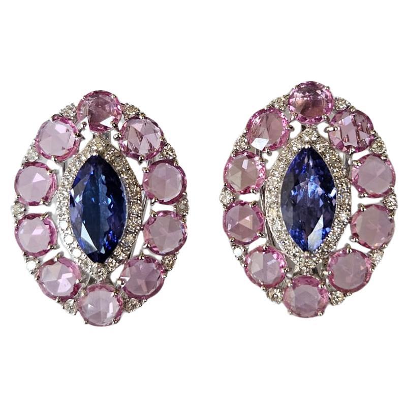 Set in 18K Gold, 3.66 carats Tanzanites, Pink Sapphires & Diamonds Stud Earrings For Sale
