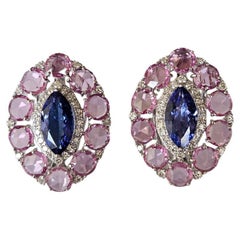 Set in 18K Gold, 3.66 carats Tanzanites, Pink Sapphires & Diamonds Stud Earrings