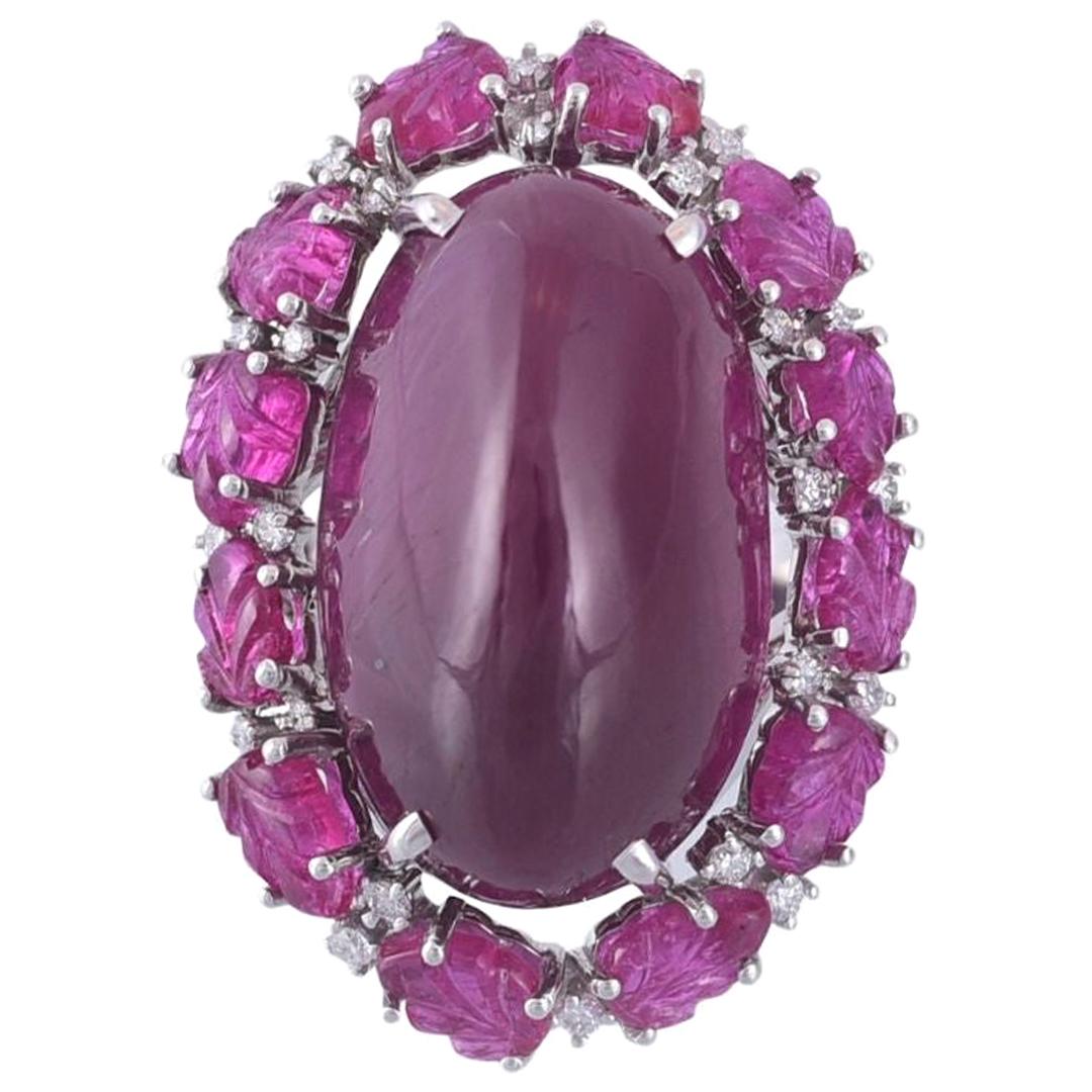 18k Gold 36.67 Carat Cabochon and Carved Ruby and Diamonds Cocktail Ring