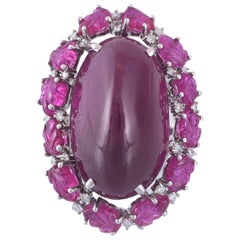 18k Gold 36.67 Carat Cabochon and Carved Ruby and Diamonds Cocktail Ring