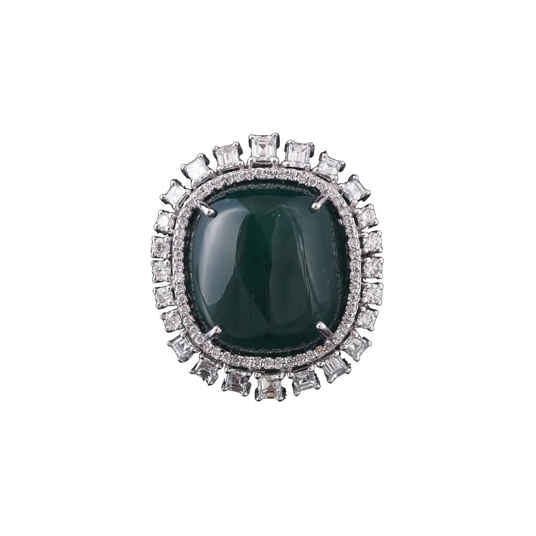 18k Gold 38.25 Carat Emerald Cabochon & Princess Diamonds Cocktail Ring