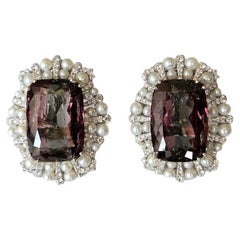 Set in 18K Gold, 38.40 carat Tourmaline, Freshwater Pearl 
Diamond Stud Earring