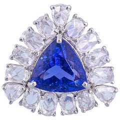 18K Gold 3.92 Carat Trillion Tanzanite and Rose Cut Diamond Cocktail Ring
