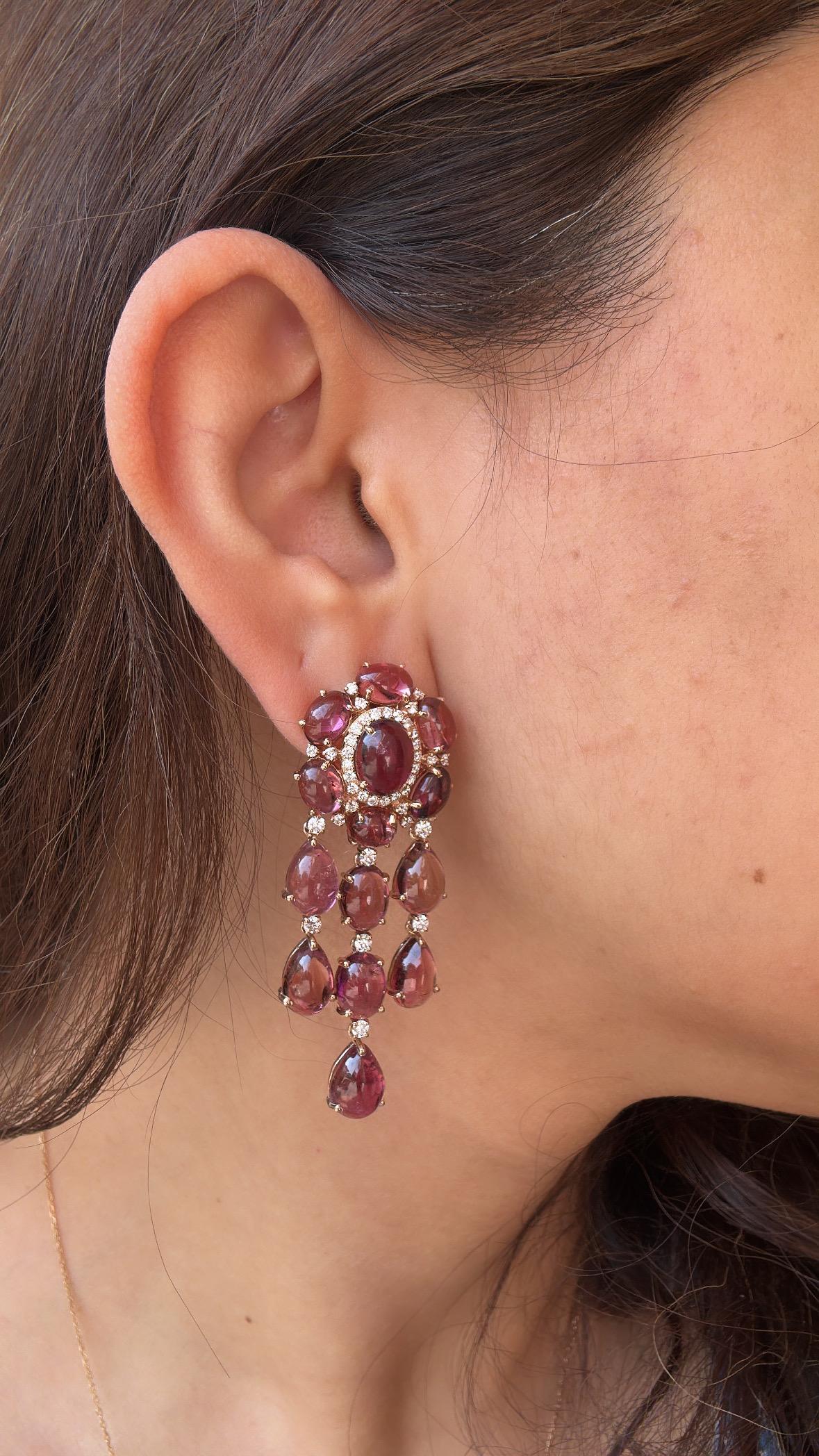 Set in 18K Gold, 39.21 carats, Tourmaline Cabochons & Diamonds Dangle Earrings For Sale 7