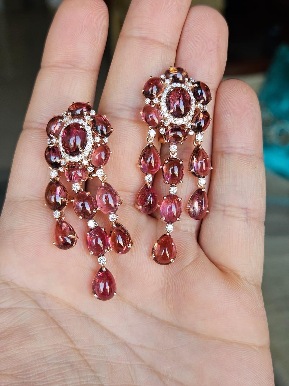 Modern Set in 18K Gold, 39.21 carats, Tourmaline Cabochons & Diamonds Dangle Earrings For Sale